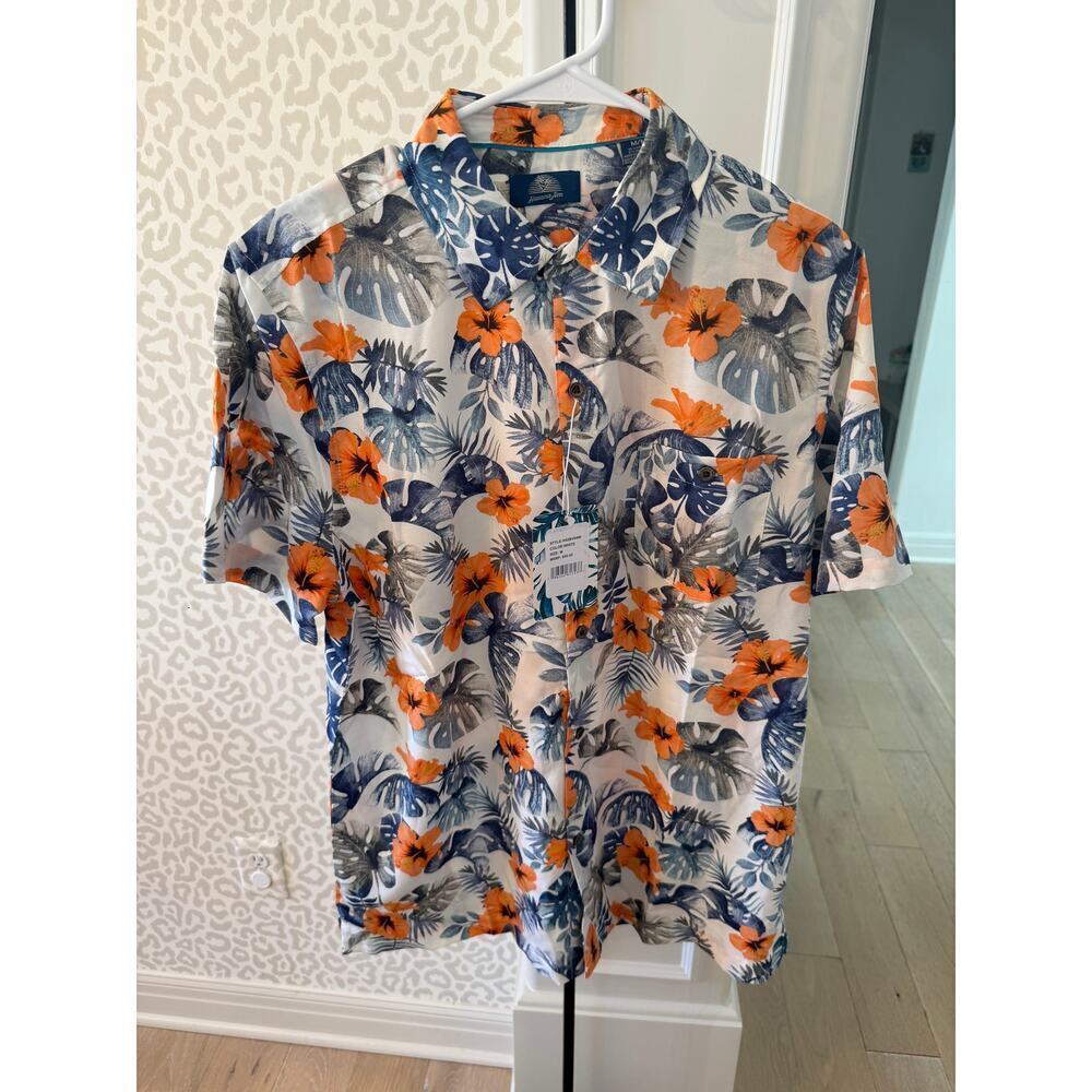 Havana Jim Men's White Blue Floral-Print Hawaiian Shirt Size M